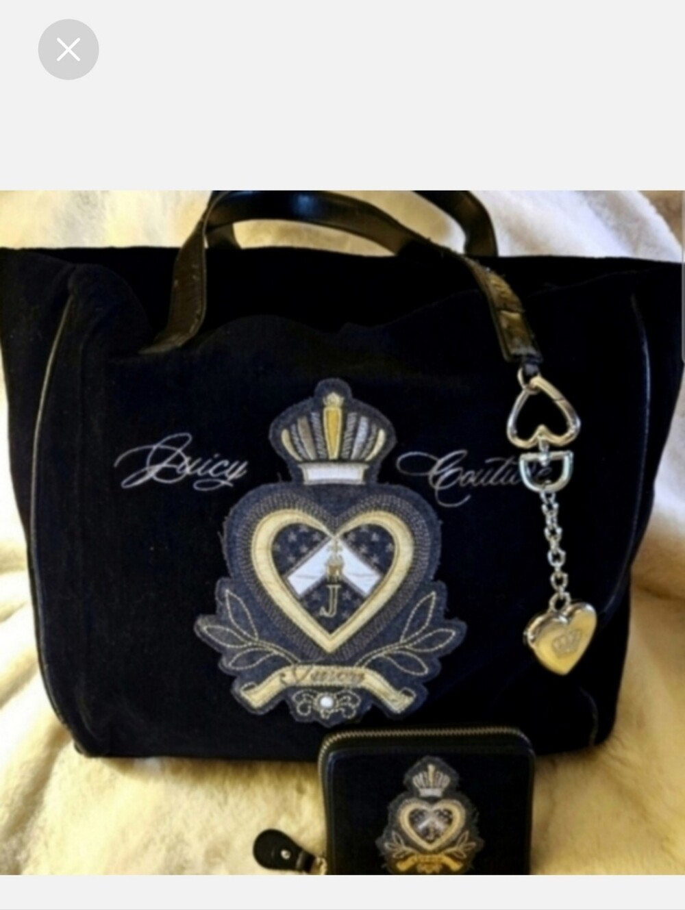 2 Pc. Juicy Couture Y2k Black And Gold Velvet Tote with Matching Zip Wallet